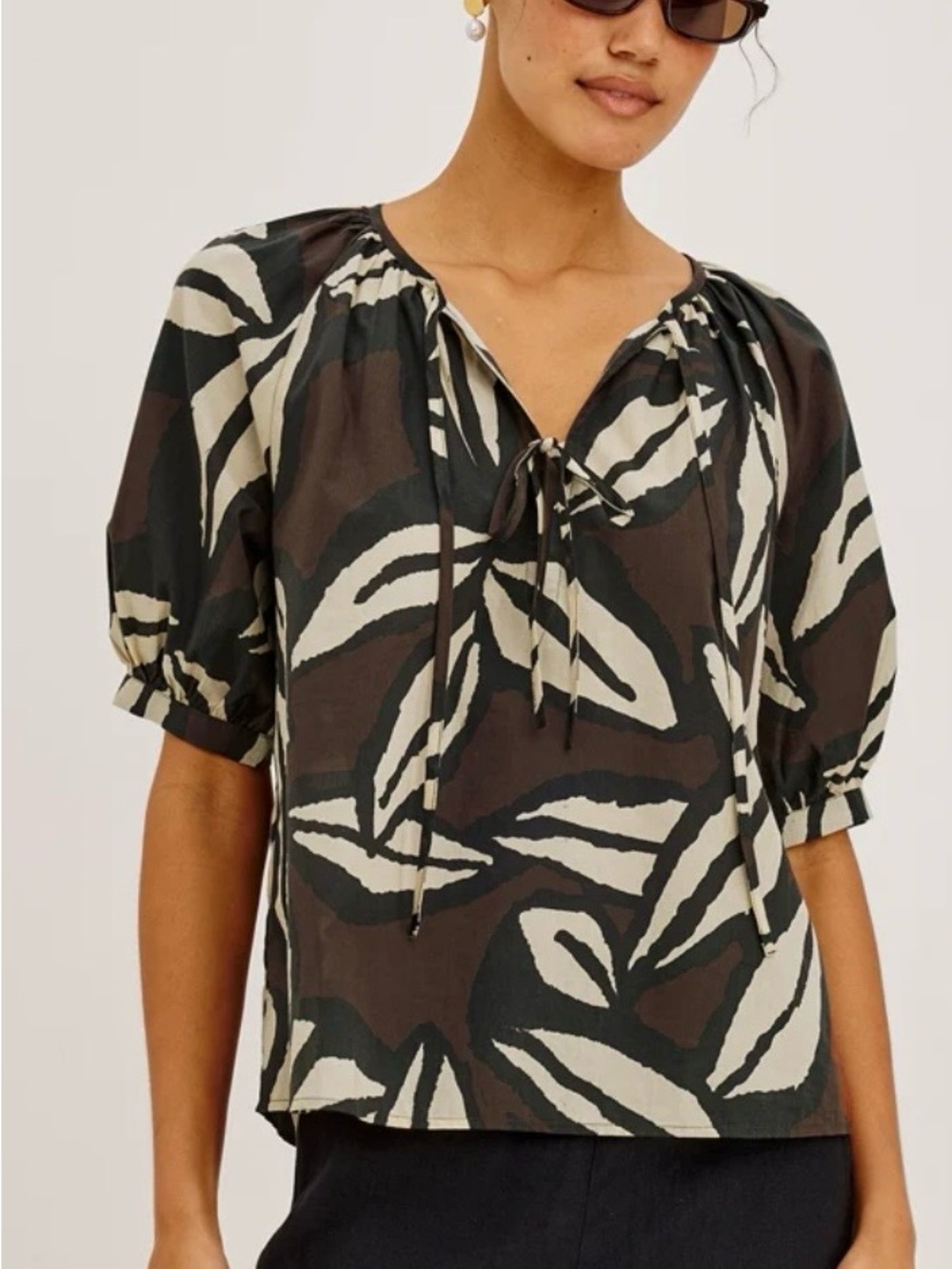 Rails Black and Cream Tie-Neck Leaf-Print Blouse